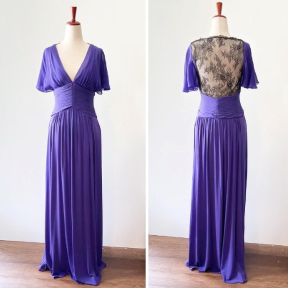 BCBG WOMENS LIZ MAXI DRESS GOWN ROYAL PURPLE BLACK LACE BACK VNECK SIZE SMALL - Picture 1 of 6